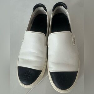 Tory Burch Ivory and Black Slip On Leather Loafer Sneaker Size 8